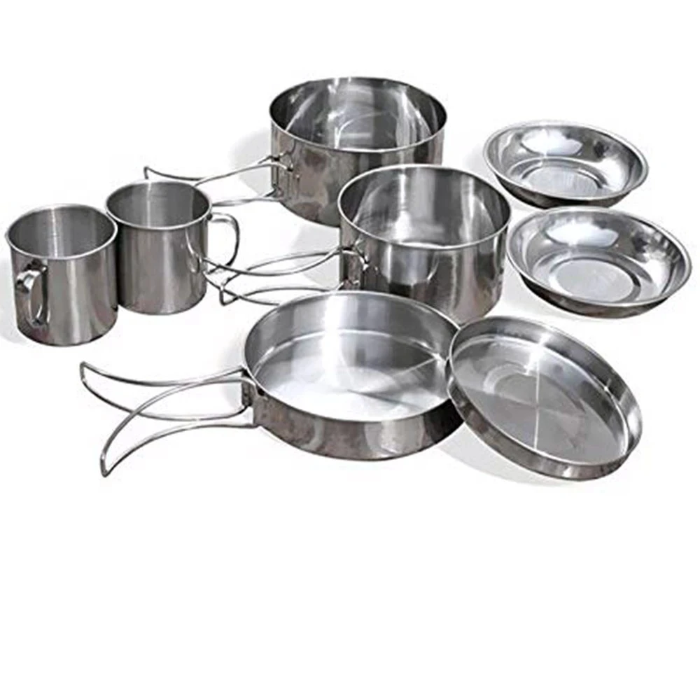 8Pcs/set Ultra-light Stainless Steel Outdoor Picnic Pot Pan Kit Outdoor Camping Hiking Mini Cookware Bowl Cup Cover Cooking Set