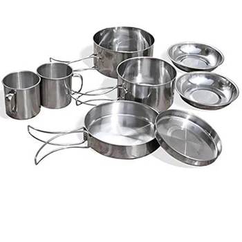 8Pcs/set Ultra-light Stainless Steel Outdoor Picnic Pot Pan Kit Outdoor Camping Hiking Mini Cookware Bowl Cup Cover Cooking Set