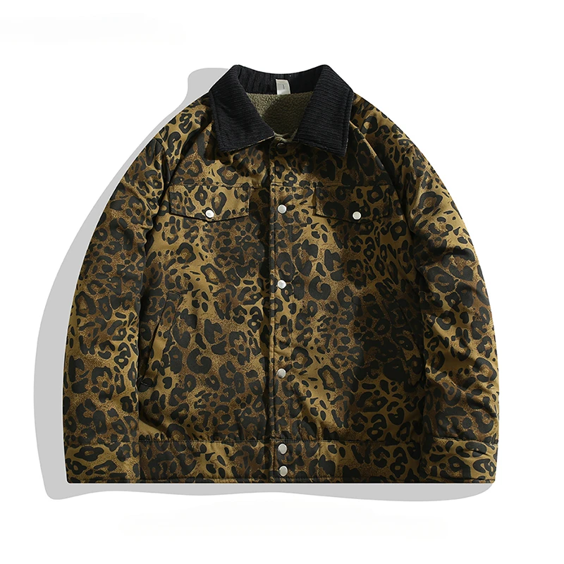 

Autumn Winter Reversible Sherpa Lapel Jacket Men's Trendy Leopard Print Personality Handsome Thickened Warm Causual Loose Coats