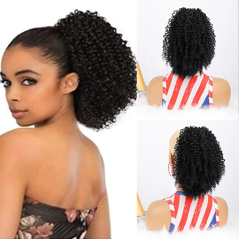 

Synthetic Short Ponytail Afro Puff Kinky Curly Drawstring Ponytail Natural Hairpiece Pony Tail for Women Ombre Black Horse Tail