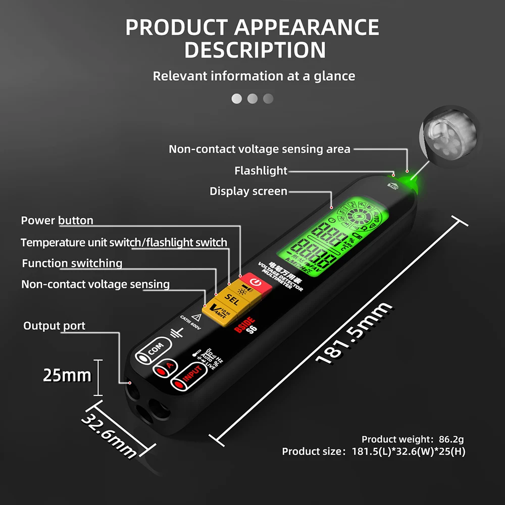 BSIDE S6X 스마트 멀티미터 USB 충전 전압 테스터 펜 브레이크 포인트 전자 테스터, AC DC 비접촉 라이브 자동 Hz 저항