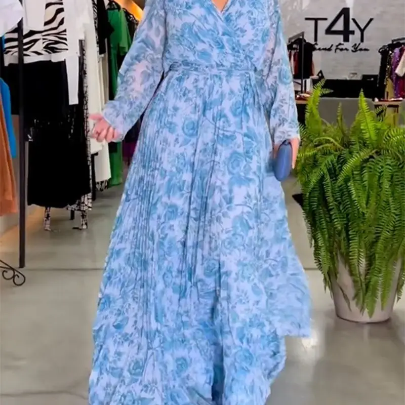 

Elegant bohemian chic print wrap dress 2023 spring summer women long sleeve v-neck waist lace-up swing maxi dress