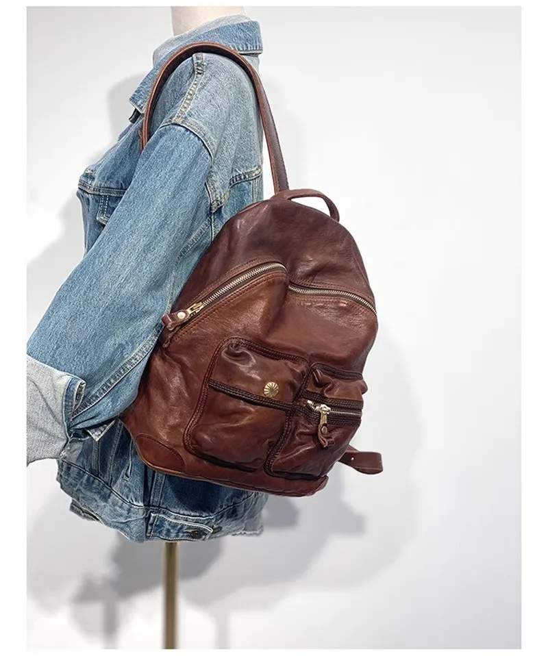 PNDME Vintage hochwertige echtes Leder Herren Damen Rucksack Designer Luxus handgemachte weiche echte Rindsleder Reise Schultasche – Detail 5