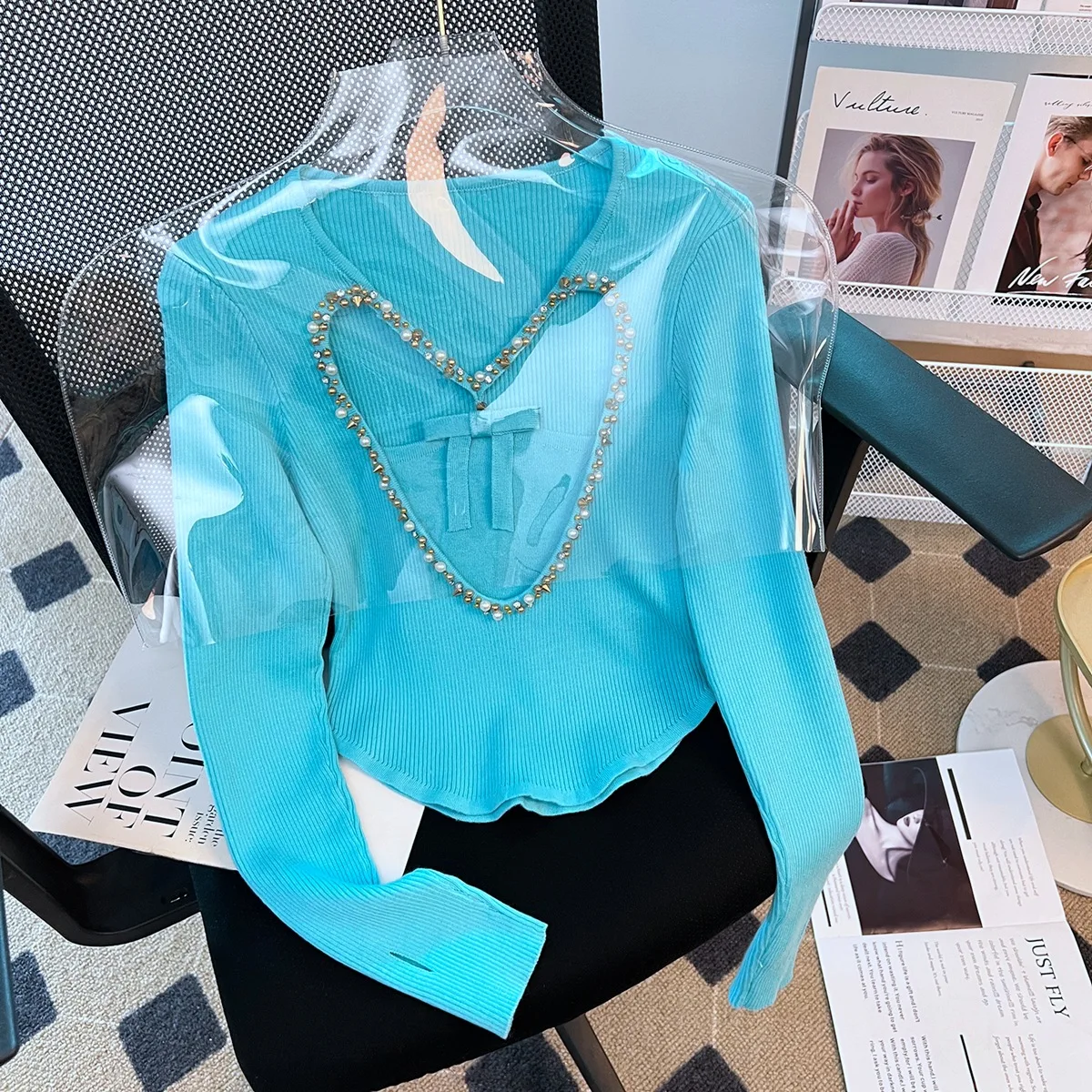 

Blue Color Beading Women Sweater Pullovers Full Sleeves Hollow Out Slim Fit Hip Hop Casual Lady Tops Knitting Cardigans