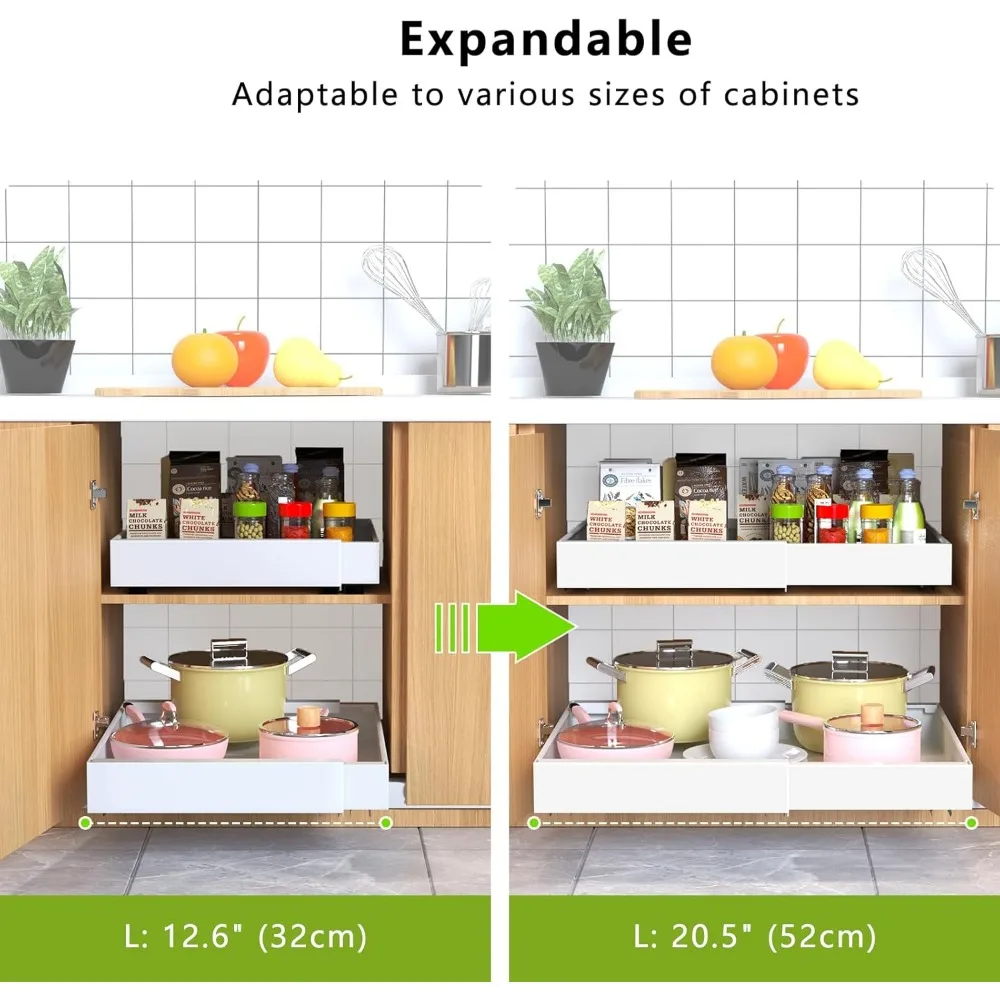 2 Pack Pull Out Cabinet Organizer 21" Deep Expandable Slide Out Drawer Organizers,No Drill Pull Out Drawers Adhesive 3
