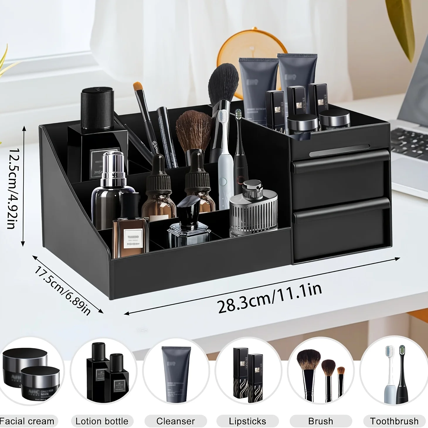 Elegant Desktop Cosmetic Organizer with Drawers and Multi-Slot Holder