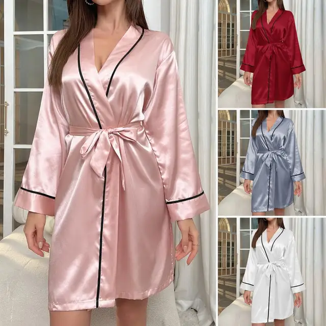 Fashion Pajama Sexy Satin Trim Faux Silk Satin Pajama Set Gown Skin Friendly Comfort Loungewear Sexy Pajamas Sleepwear