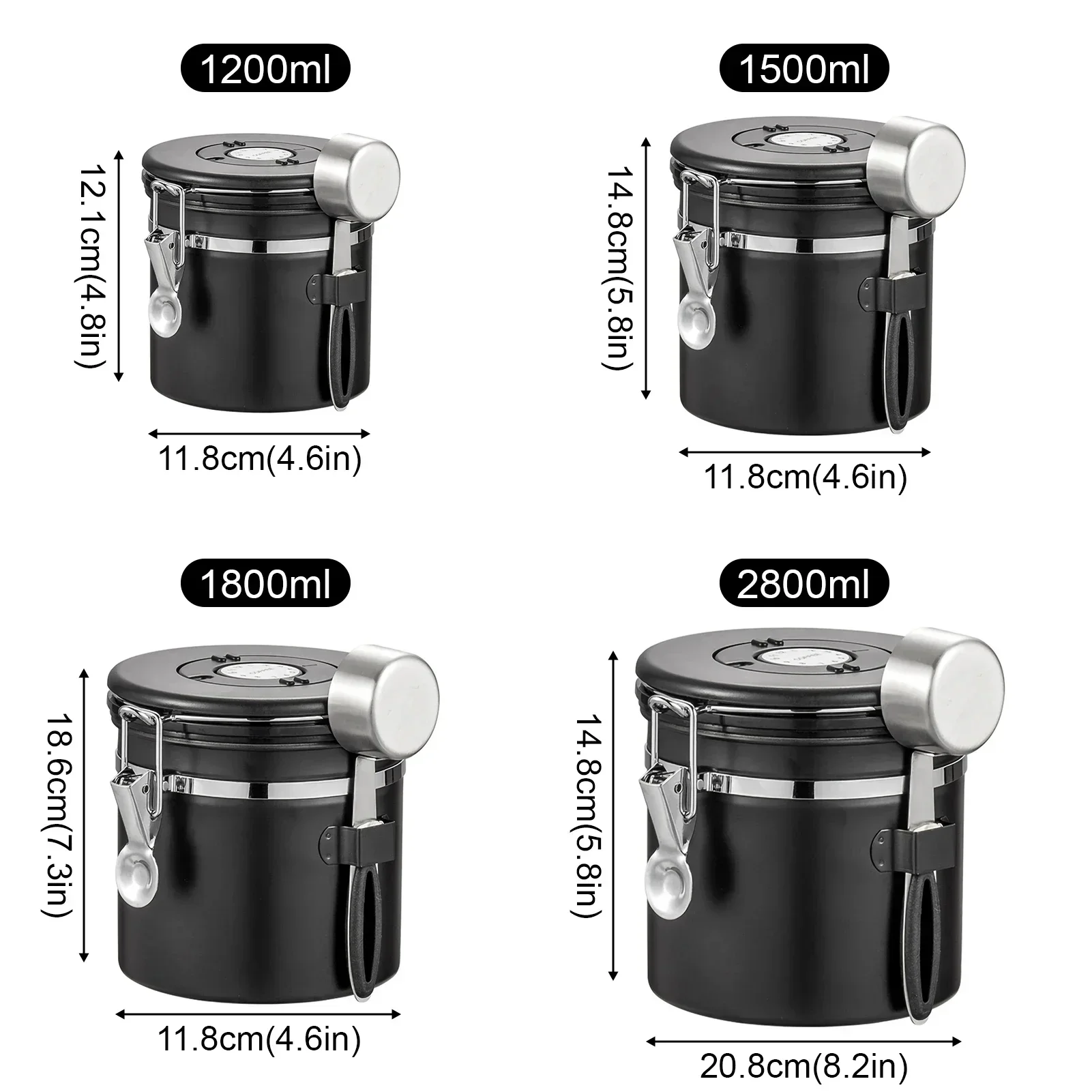 304 Stainless Steel Coffee Beans Vacuum Storage Jar with Spoon Large Capacity Airtight Container Grains Nut Keep Fresh Storage