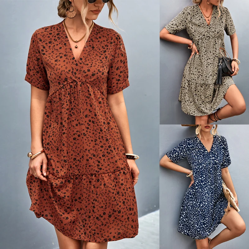 

2023 New cross-border women's clothing from Europe and America, popular spring and summer sales, printed doll style short sleeve