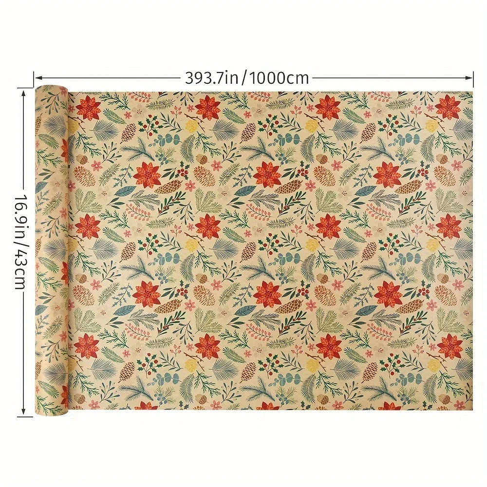 Christmas Gift Wrapping Paper, Dreamy Flower and Leaf Patterns, Vintage Kraft Paper Gift Paper, Pine Cone, Tree, Reindeer Design