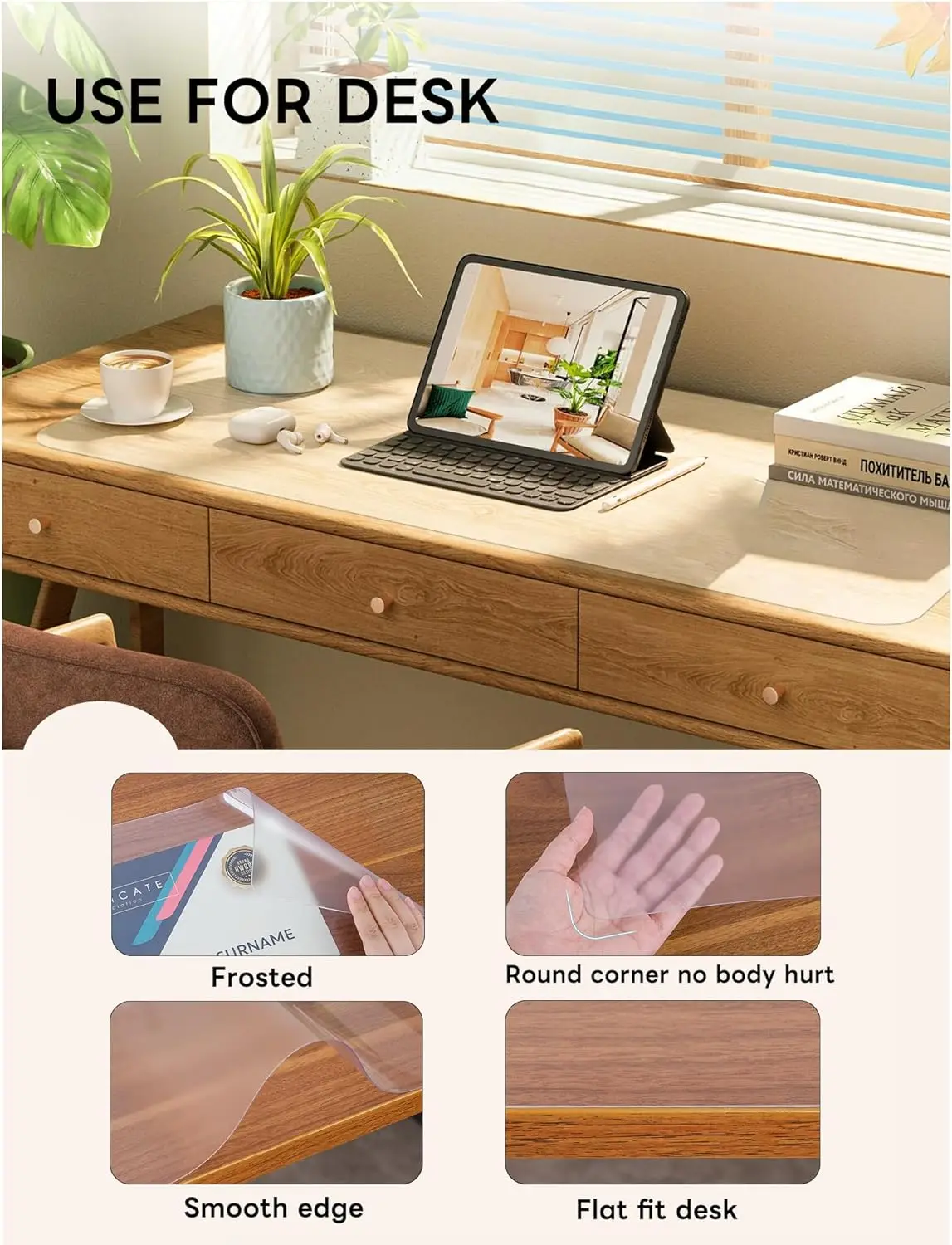 Clear Desk mat, for Keyboard and Mouse, Desk Cover Clear Protector, Frosted Transparent Mat for Office and Home Desktop