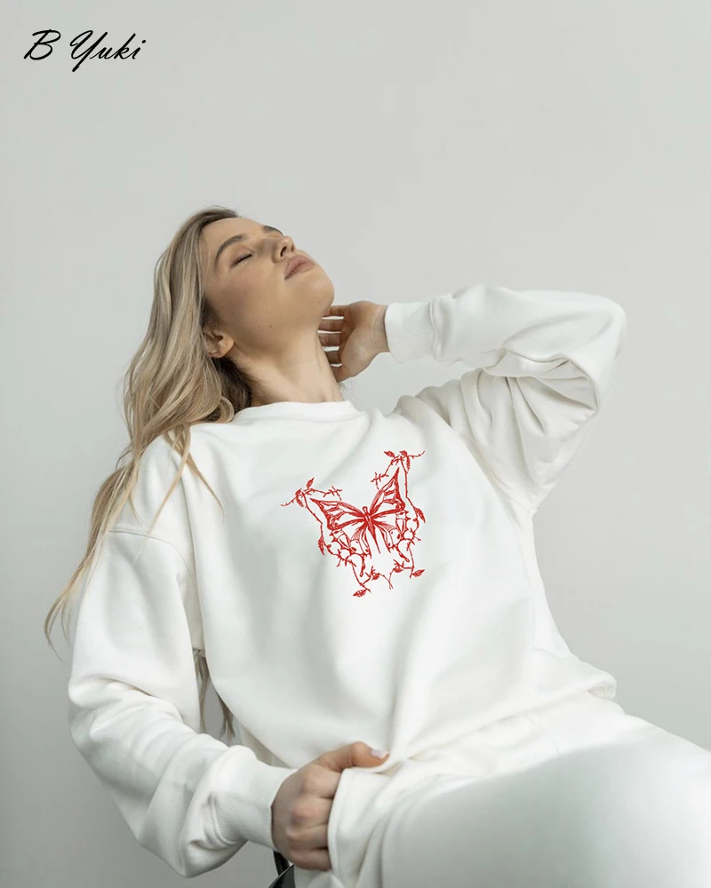 Blessyuki Butterfly Printed Hoodies for Women Oversized Cotton Vintage Y2k Sweatshirt Streewear Gothic Pullover Kpop Top Clothes