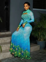 kliou Mesh Panelled Women Maxi Dress Sexy Stunning Point Print Full Sleeve O-neck Sheath Robe Mujer Hipster Festival Party Frock