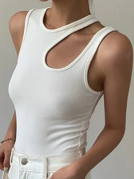 Casual white cut t shirt women round neck sleeveless korean slim t shirts women clothing 2024 summer fashion 1