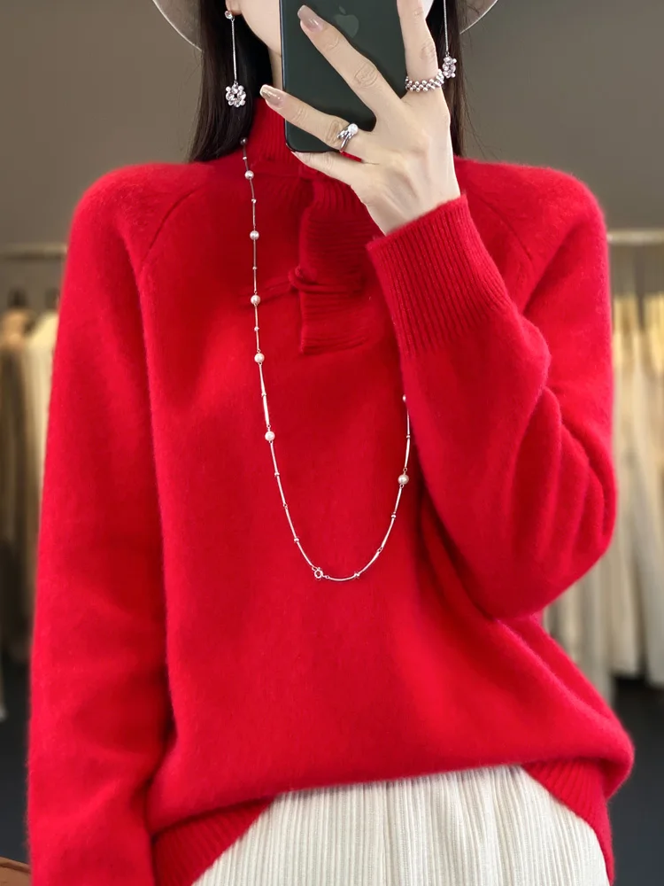 

Women 100% Merino Wool Sweater Mock Neck Thick Chinese Knot Button Pullovers Autumn Winter Cashmere Knitwear Warm Soft Clothes