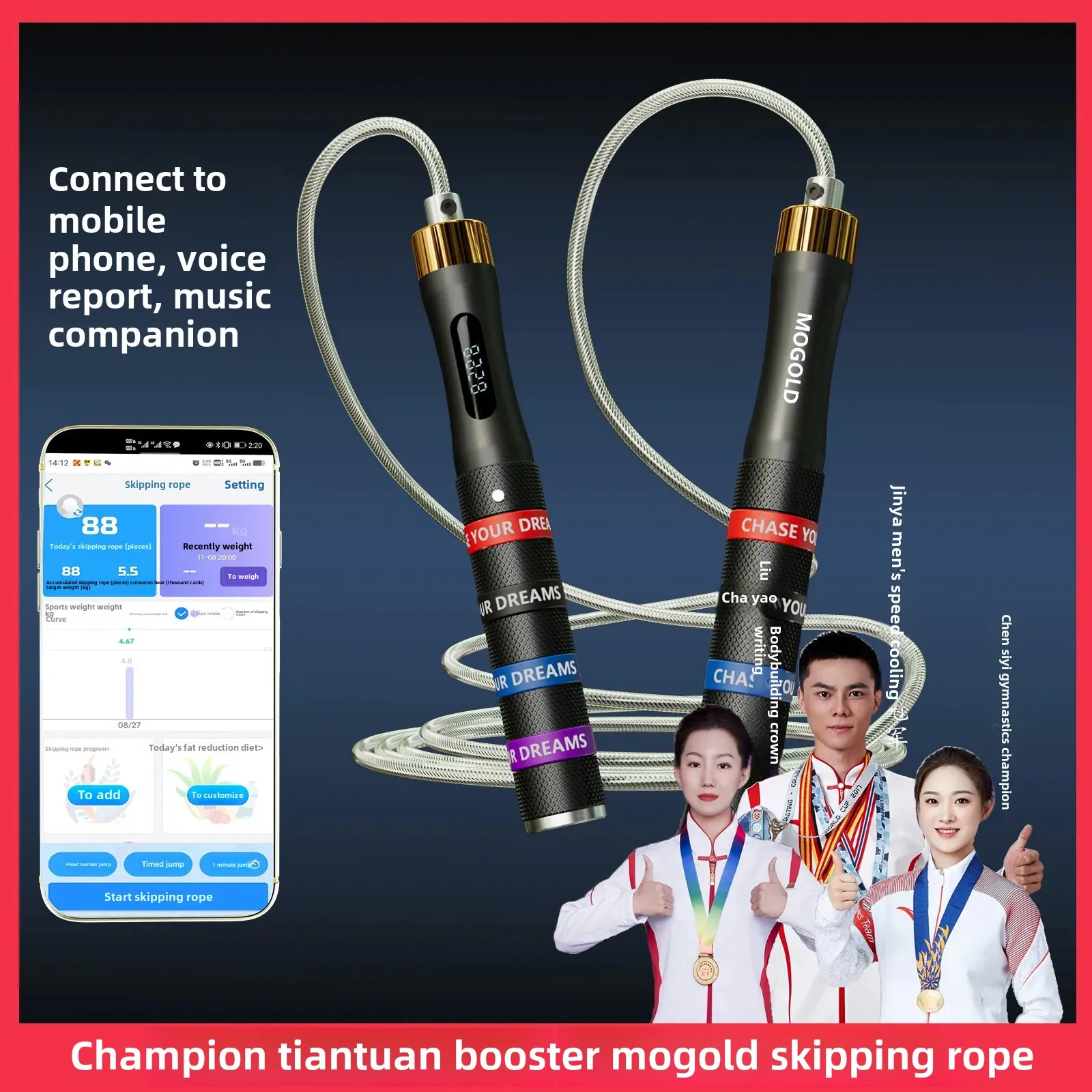 MOGOLD Bluetooth Counting Card Buckle Bearing Jump Rope Four Silicone Straps Aluminum Alloy Fitness Sports Professional Smart Me