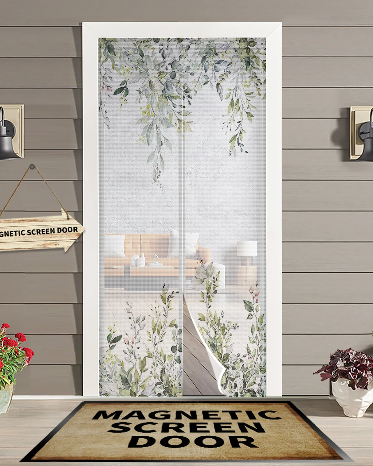 

Watercolor Green Leaves Magnetic Door Curtain Living Room Bedroom Home Anti-mosquito Screen Door Curtain