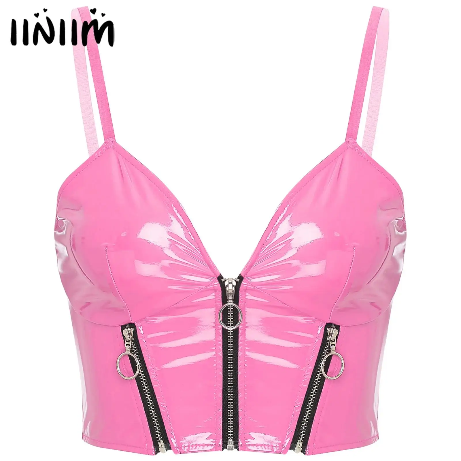 

Womens Front Zipper Backless Sling Vest Crop Tops Slim Fit Sexy Camisole Rave Party Costume Glossy Patent Leather Tops Clubwear