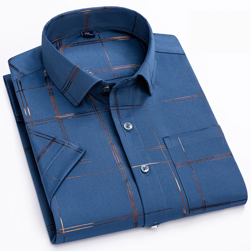 

New Fashion Print Shirt Men Summer Short sleeve Silk Casual Shirts Men Slim Fit Luxury Business Dress Shirts Plaid Drop Shipping