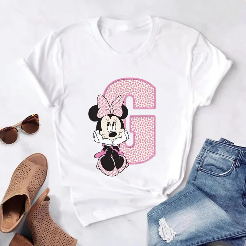 thumbnail image 1 of Camisetas de algodón de manga corta de verano para niños, camiseta rosa con letras de Minnie Mouse, fuente ABCDEFG, divertida y bonita para niño y niña, 1 of 5
