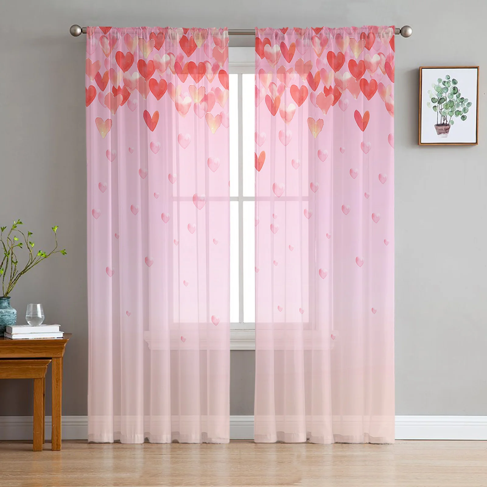 

Valentine'S Day Love Watercolor Simple Sheer Curtains for Living Room Modern Home Decor Tulle Curtain Bedroom Voile Drapes