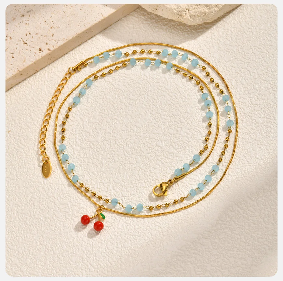 Vnox Edelstahl Kirschfrucht Doppelschichtige Halskette, Hellblaue Spacer-Perlen Runde Schlangenkette Kirsch-Halskette für Frauen – Detail 5