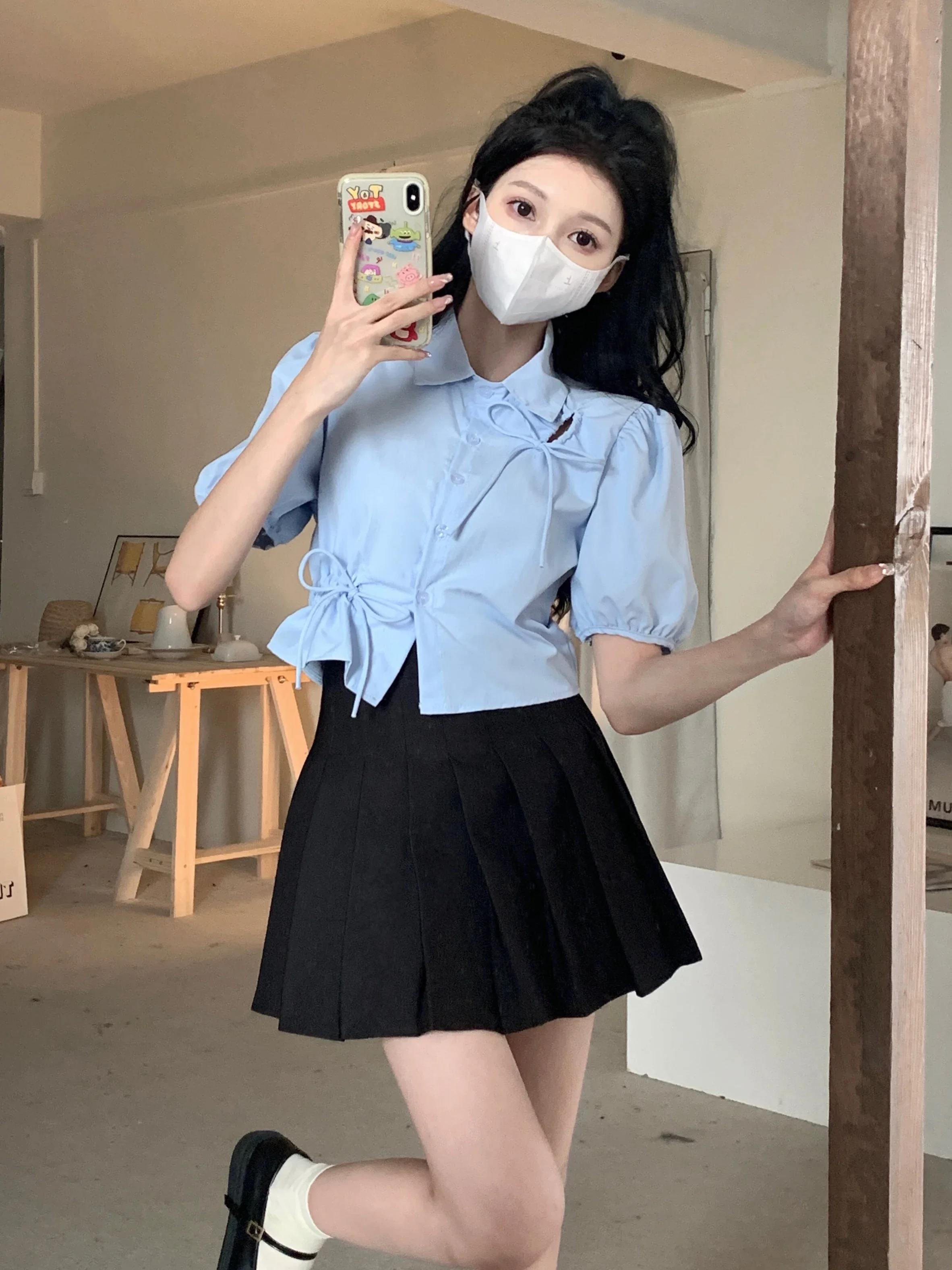 

2024 Blusas De Mujer Puff Sleeve Tunic Bow Blouses Women Clothing Crop Tops Hollow Out Folds Summer Shirts Chic Vintage Blouse