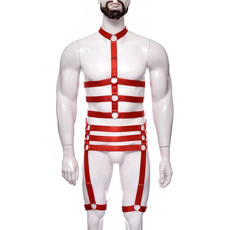 Men Red Harness Garter Male Lingerie Chest Rope Jockstrap High Waist Adjustable Leg Garter Straps Costume Clubwear Body Harness