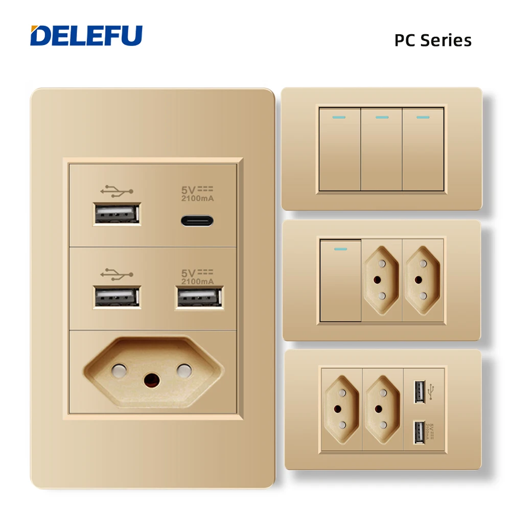 Delefu Pc Panel Ignifugo Doppio Usb Tipo C Carica Brasile Presa Standard Gold Wall Power Light Switch Spina Elettrica 10A 20A