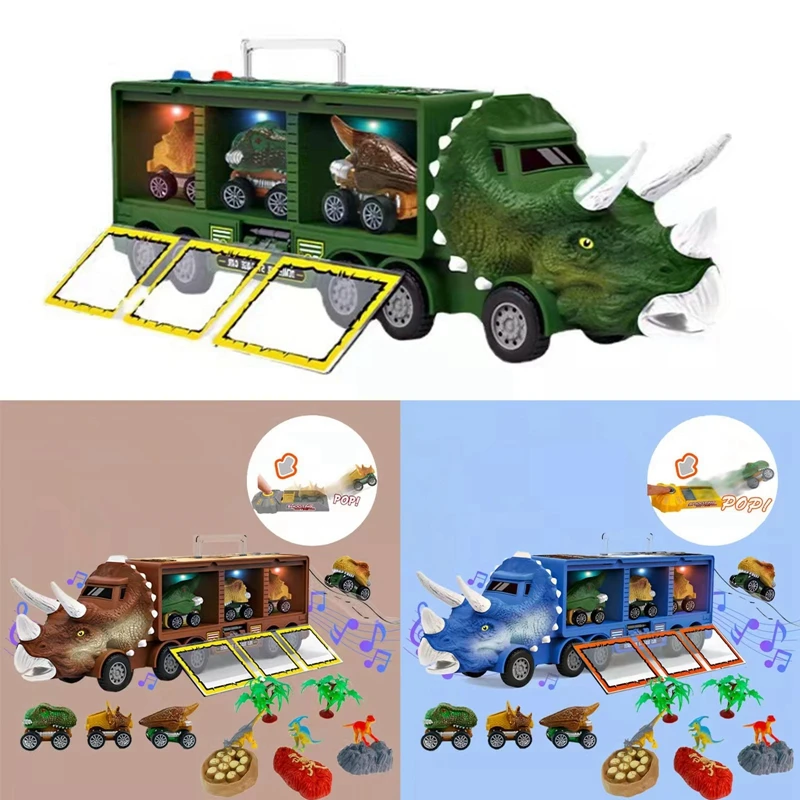 Dinasaur Truck Toys Boys Kids Dinosaur Transport Truck with Sound and Music & Light Toy Cars for 1 2 3 4 5 6 Years Old dinosaurs climbing slide light up music stairs toy with five dinosaur alloy race cars halloween christmas gift for kids