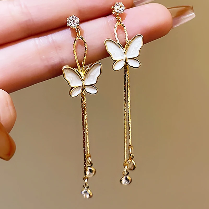 

Korean Fashion Gold Color Pearl Long Tassel Crystal Butterfly Statement Earrings For Women Bowknot Jewelry Accessories Girls