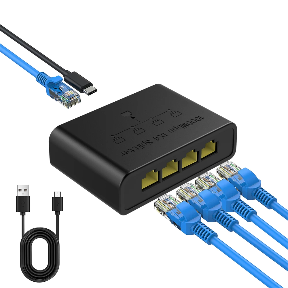 High-Speed 4-Port Gigabit Ethernet Network Splitter