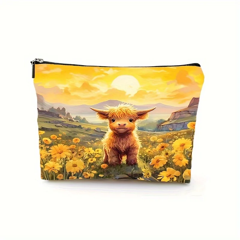 1pc Highland Cow Cosmetic Bag Stylish Floral Design Durable Makeup Organizer Ideal Travel Toiletry Tote Womens Cosmetic Pouch 4