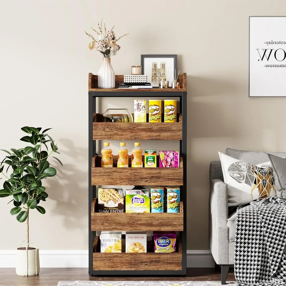 Wood Fruit and Vegetable Storage Rack, 5-Tier Pull-Out Snack Stand Fruit Basket Stand, Utility Shelf Organizer for Kitchen 3