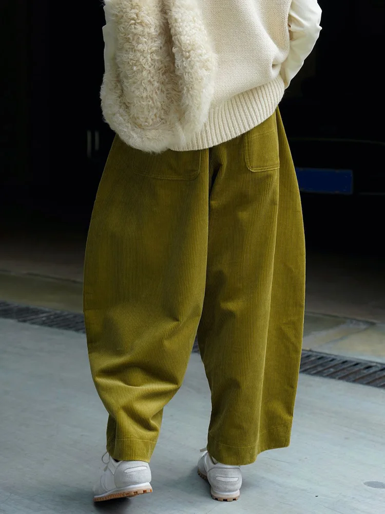 [EAM] High Elastic Waist Green Corduroy Wide Leg Pants New Loose Fit Trousers Women Fashion Tide Spring Autumn 2026 1DF21930