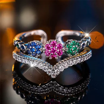 Charm Female Rainbow Zircon Stone Open Adjustable Ring Vintage Silver Color Wedding Jewelry For Women
