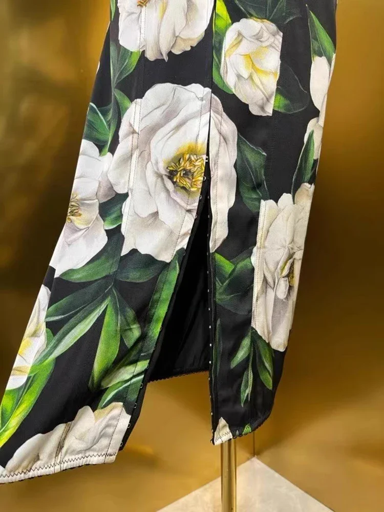 MARYYIMEI Spring Autumn Women's Dress Spaghetti Strap Backless High waist Pretty Slim-Fit Hip Wrap Print Silk Dresses