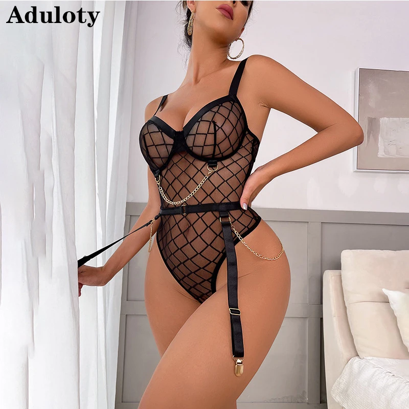 

Aduloty Sexy One-Piece Erotic Lingerie Mesh Perspective Temptation Garter Belt Metal Chain Decoration Fashion Ladies Underwear