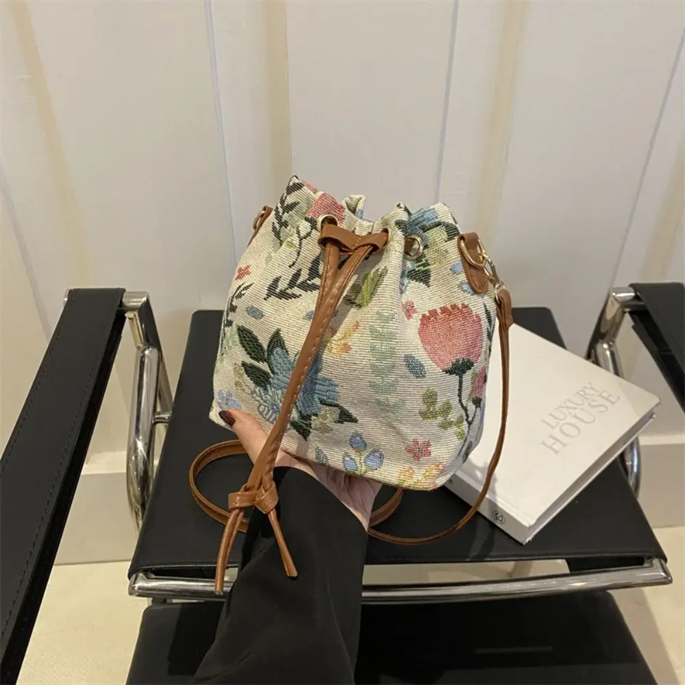 Women Linen Fabric Bucket Bag Fashion Crossbody Bag Messenger Bag Ethnic Style Floral Handbag Shoulder Bag Large Ladies Purses - Image 4