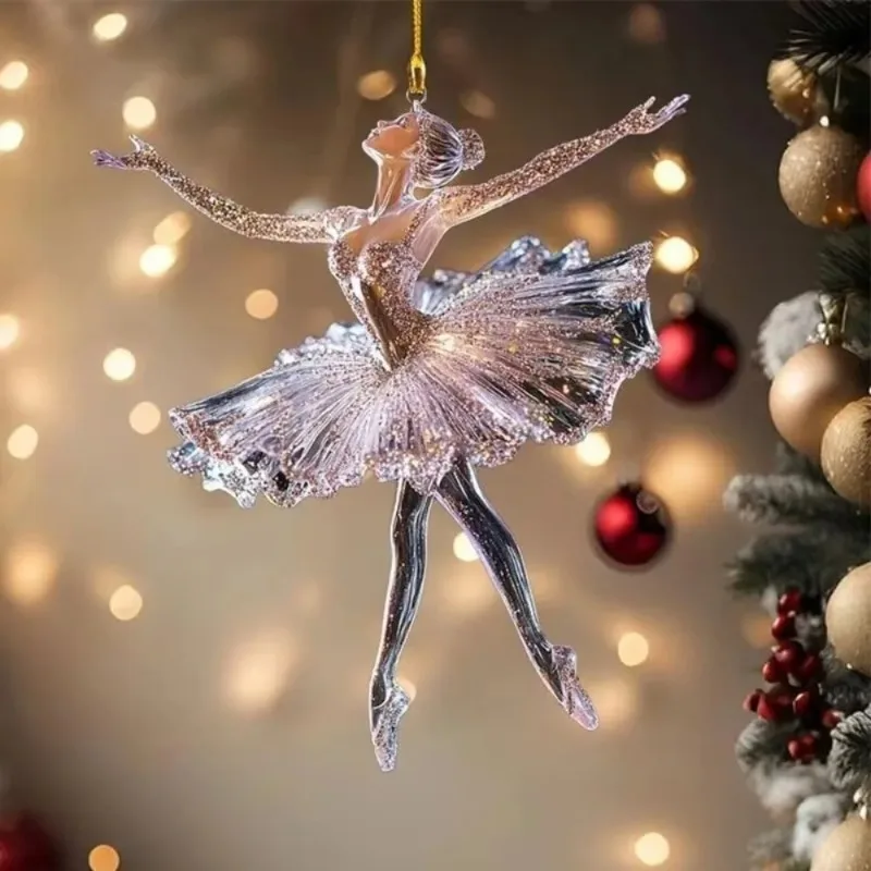 Crystal Clear Acrylic Ballerina Ornaments-Transparent Ballet Dancer Christmas Tree Pendants with Glitter Accents,Elegant Hanging