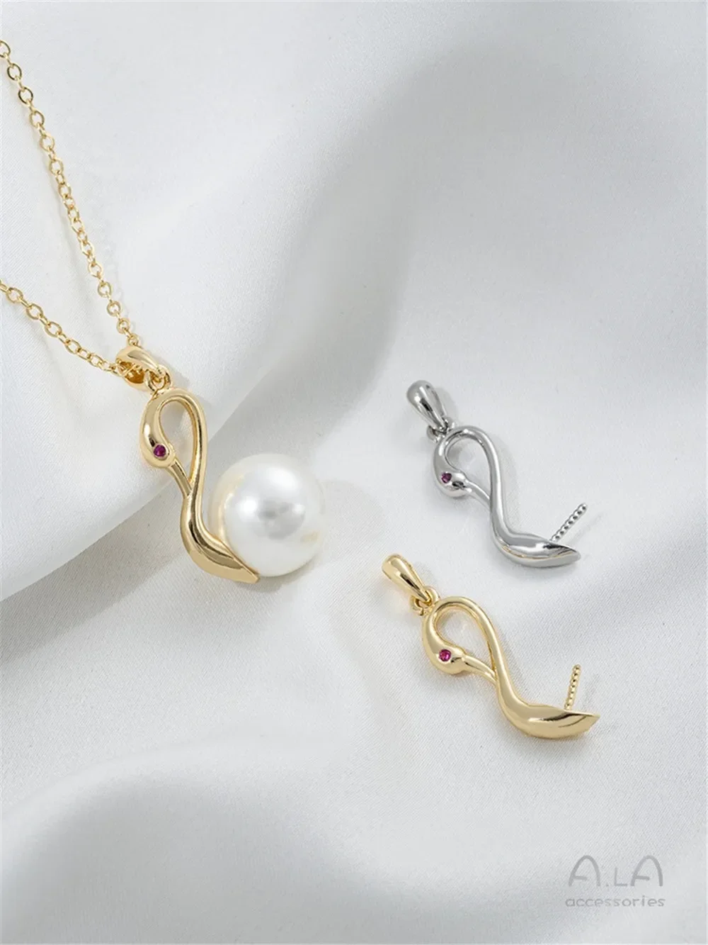 14K 골드 컬러 백조 머리 스티키 바로크 진주 빈 트레이 펜던트 DIY 수제 애피아오 주얼리 재료 B378
