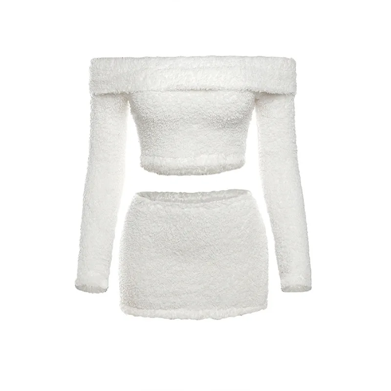 Style Autumn and Winter New Women's Clothing off-Neck Short FurryTT-shirt Women's Hip Skirt Casual SuitCok