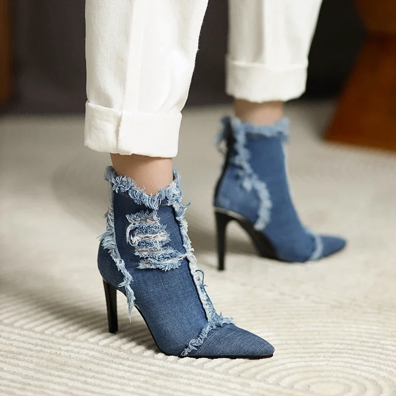 

Women Stiletto High Heels Jeans Denim Boots Sexy Pointed Toe Female Big Plus Oversize 44 45 Hollow Out Fall Shoes Fringe Booties