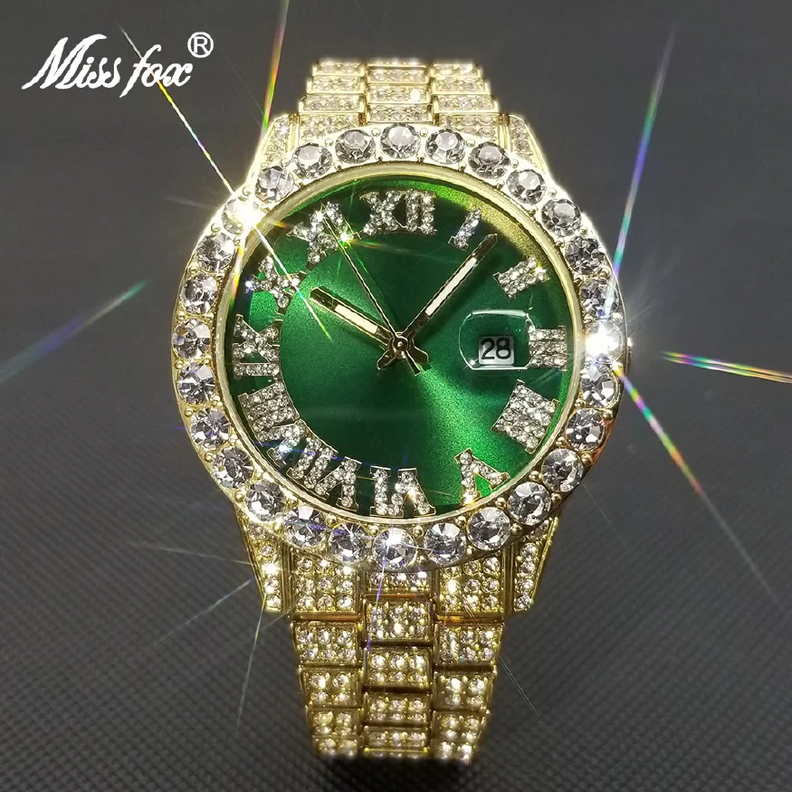 

New Ice Out Men Watches Top Brand Luxury Moissanite Gold Quartz Wristwatch Fashion Hip Hop Luminous Waterproof Green Clock 2023