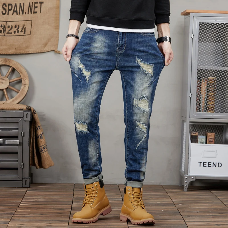 Spring and Autumn Jeans Men's High Street Nostalgic Straight Leg Elastic Jeans denim ripped  mens jeans  streetwear men