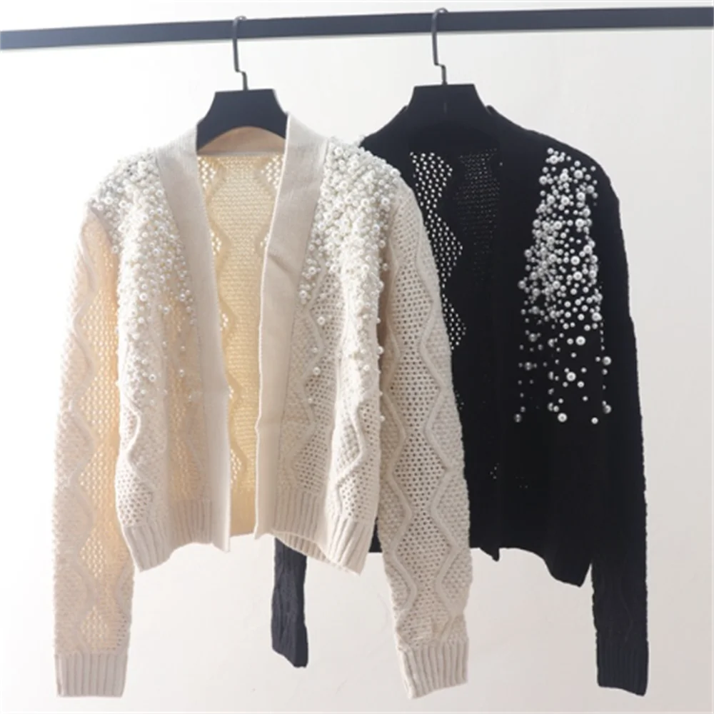 

Pearl nail bead Elastic strength knitted cardigan women sweater loose coat girl