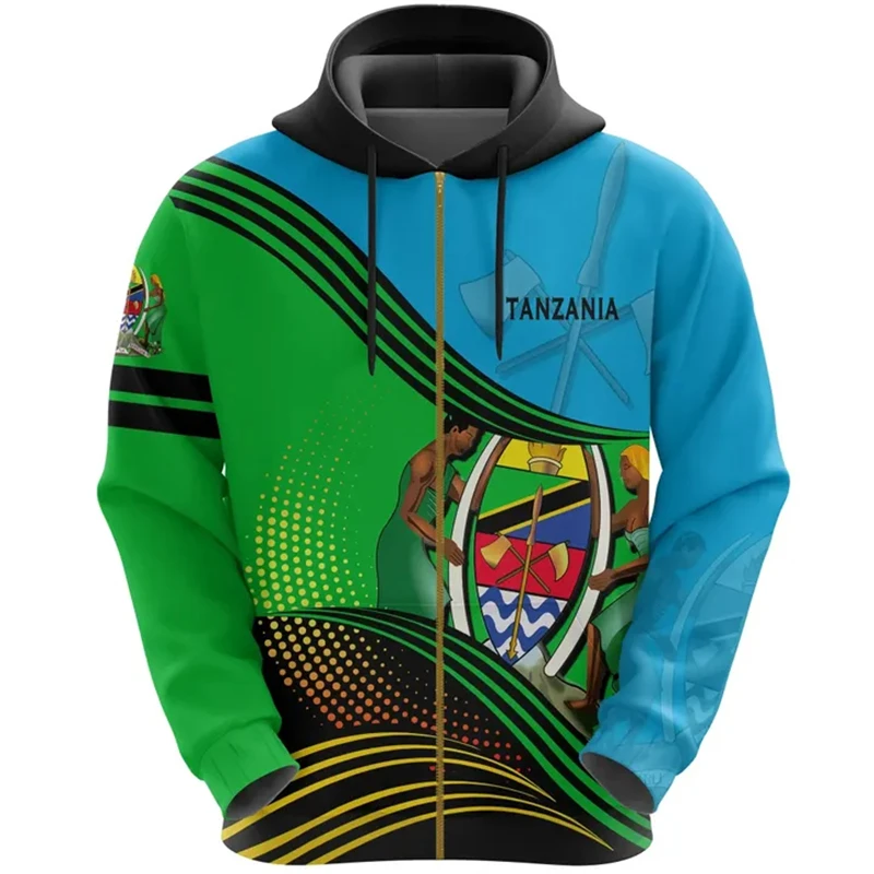 thumbnail image 1 of Sudadera con capucha y cremallera con estampado 3D de la bandera de Tanzania, ropa africana, ropa de calle unisex, chaqueta informal de gran tamaño, chándales, jerséis, 1 of 5