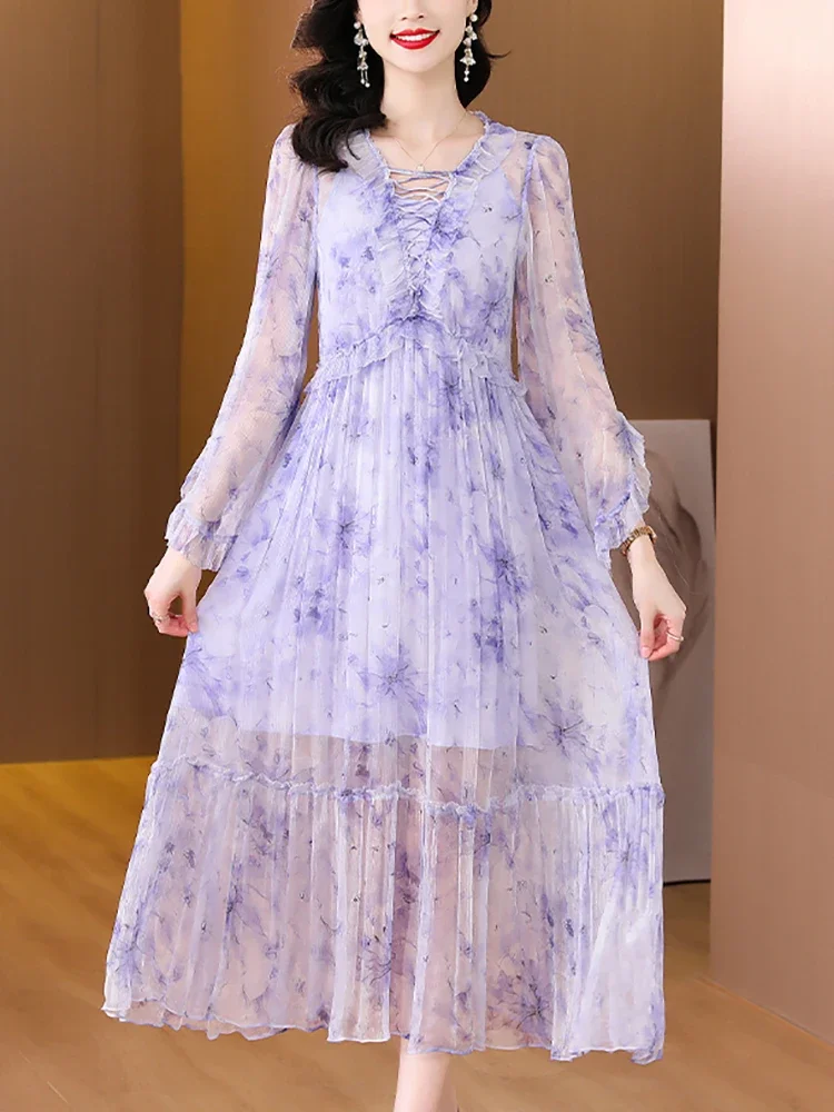 

Spring Summer Purple Floral Long Dresses Women Chic Ruffled Flare Sleeve Dress 2024 Dress Party Evening Elegant Luxury Celebrity