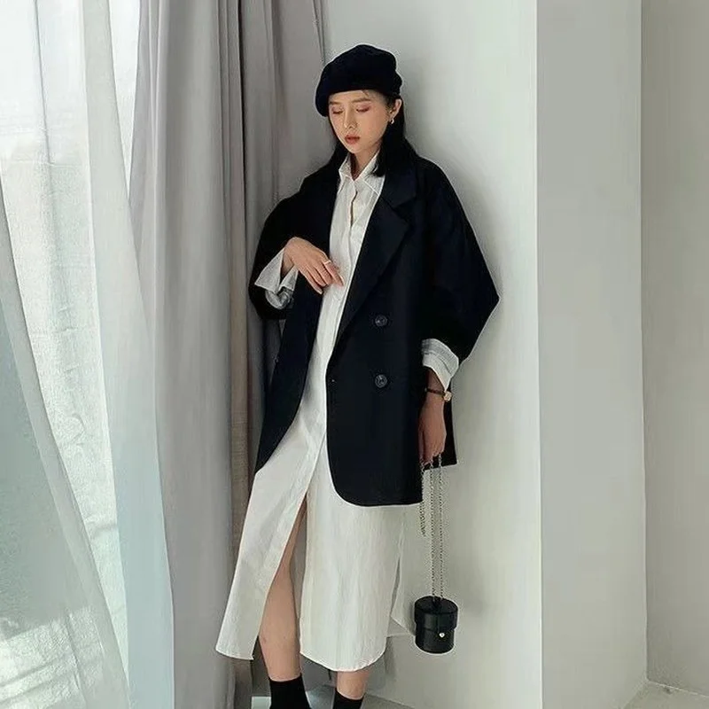HOUZHOU 여성용 빈티지 브라운 블레이저, 우아한 공식 숙녀, 가을 패션, 긴팔, 오버사이즈, 시크, 올매치 캐주얼 재킷