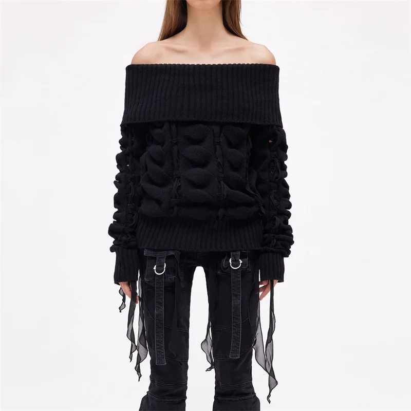 

Women's Sweater 2023 Autumn New Korean Fashion Ribbon Tassels Sexy Off Shoulder Wool Pullover Women's Long Sleeve Top y2k Knit
